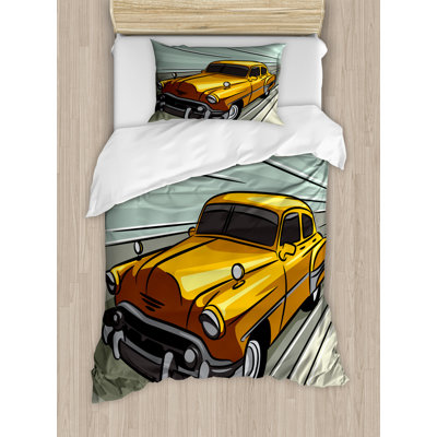 Ambesonne Cars Duvet Cover Set, Yellow Vehicle Speeding, Twin, Reseda Green Yellow Grey -  nev_46032_twin