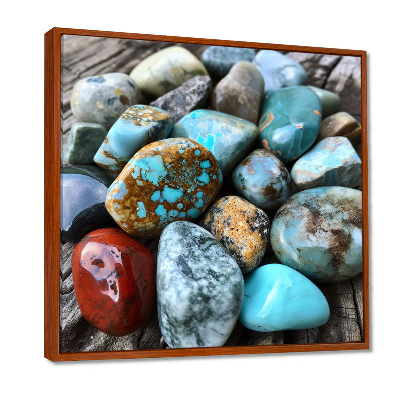 Ethnique turquoise, composition de pierres spirituelles, H 30 po x l 30 po x P 1 po, Cadre flottant brun