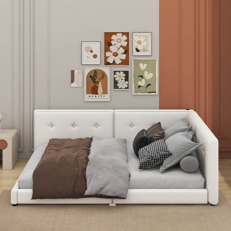 Grand lit plateforme tapissier avec port USB, Beige, Grand lit