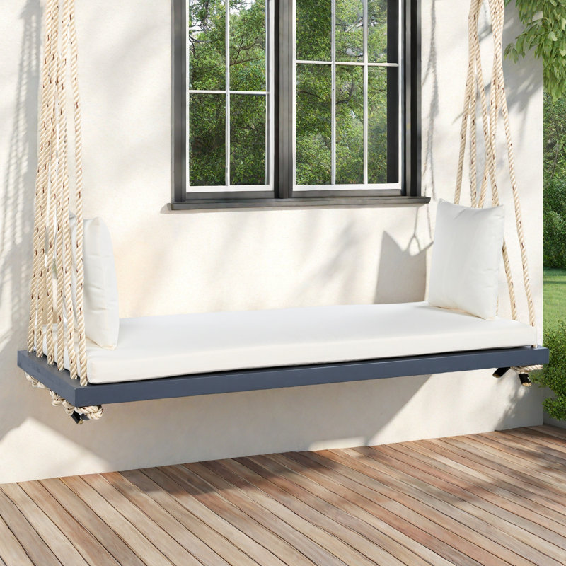Balancelle de patio suspendue en bois avec coussin et coussins, Gris, Beige