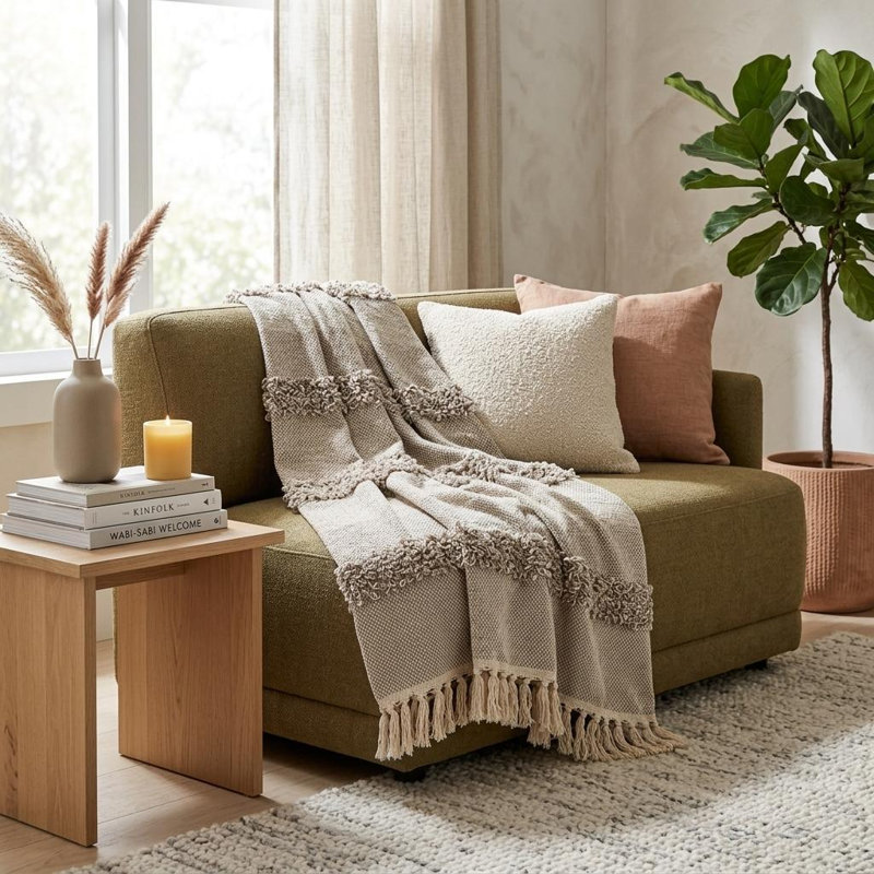Jeté réversible de couleur unie en laine tissée beige