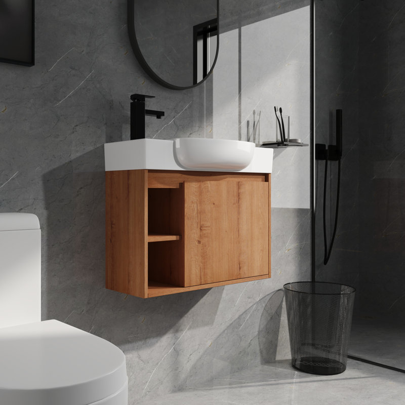 Meuble-lavabo mural 26 po - Lavabo en céramique blanche et porte à fermeture en douceur, Chêne