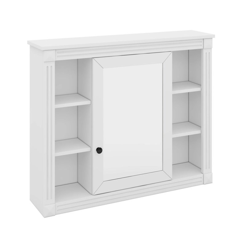 Armoire de rangement murale avec miroir, 6 tablettes ouvertes, Blanc