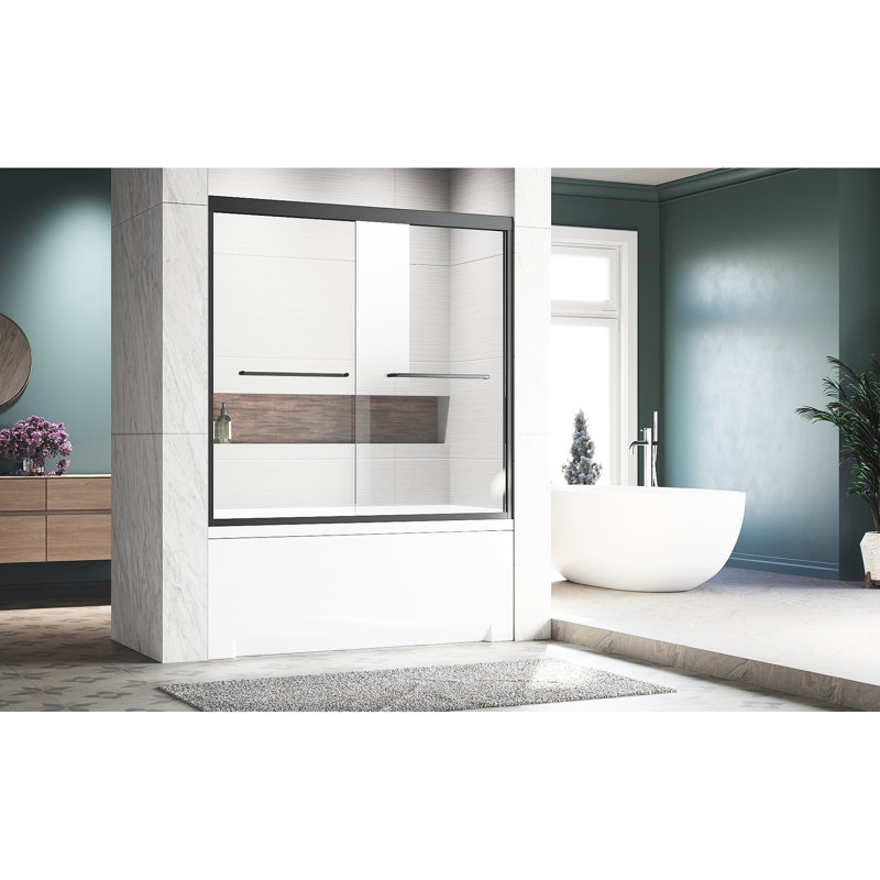 56 - 60 In. W X 57 H Double Bathtub Door, Matte Black Semi , Clear Tempered Glass, Stainless Steel Handles H, Black,