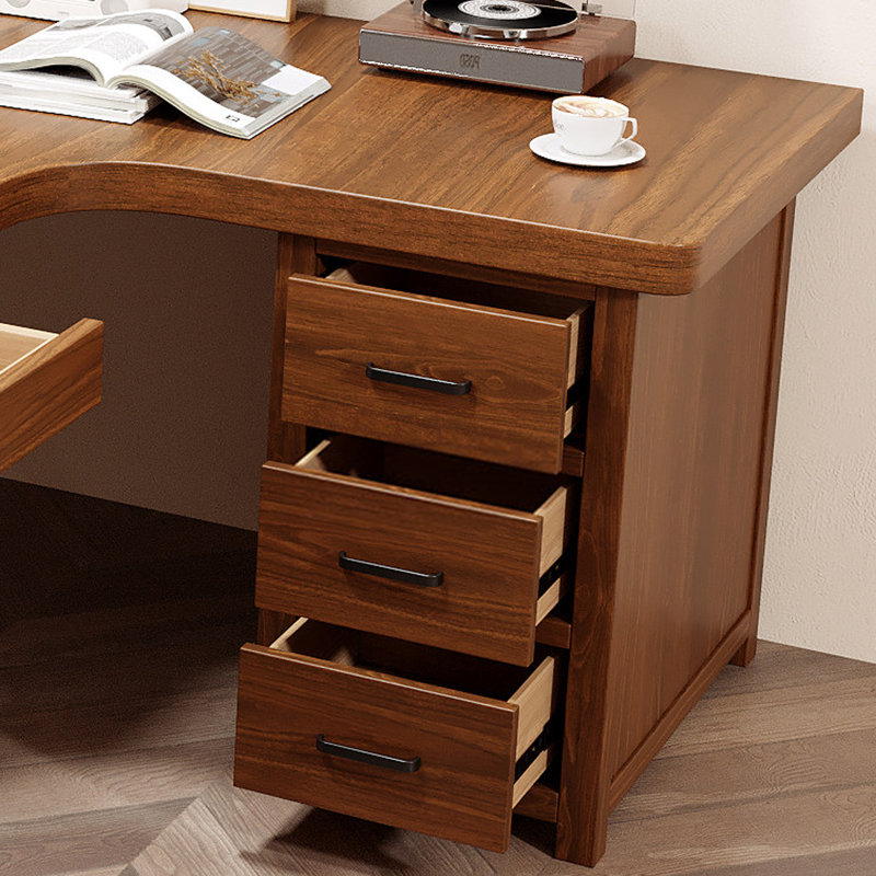 Bureau en bois de noyer massif en forme de L avec 5 tiroirs