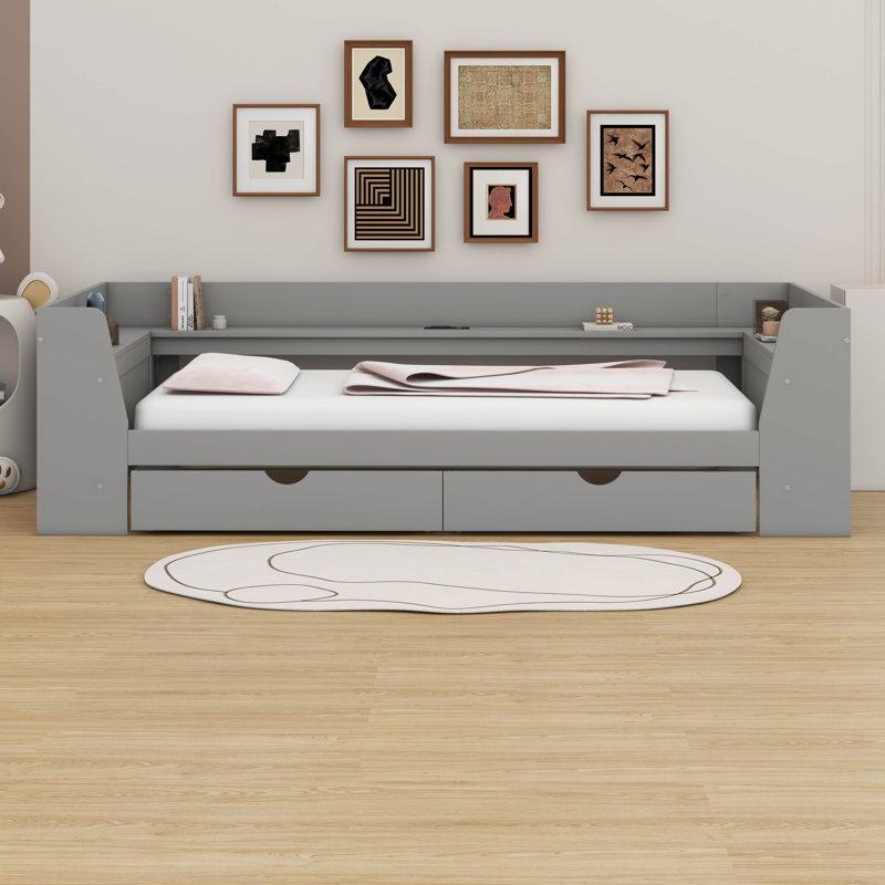 Lit de jour simple avec station de charge intégrée, cadre de canapé-lit en bois avec tablettes et tiroirs, Gris