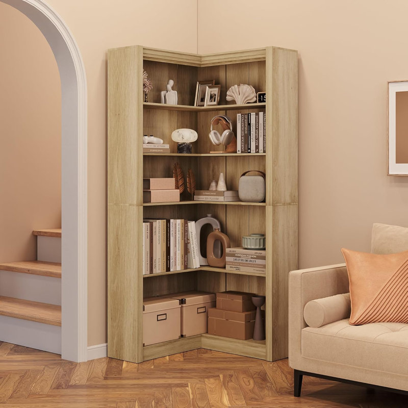 71.8" L-Shaped Corner Bookshelf with Anti-Tip Kit, Tall 5-Tier Corner Storage Shelf, Large Corner Display Bookcase for Living Room & Home Office