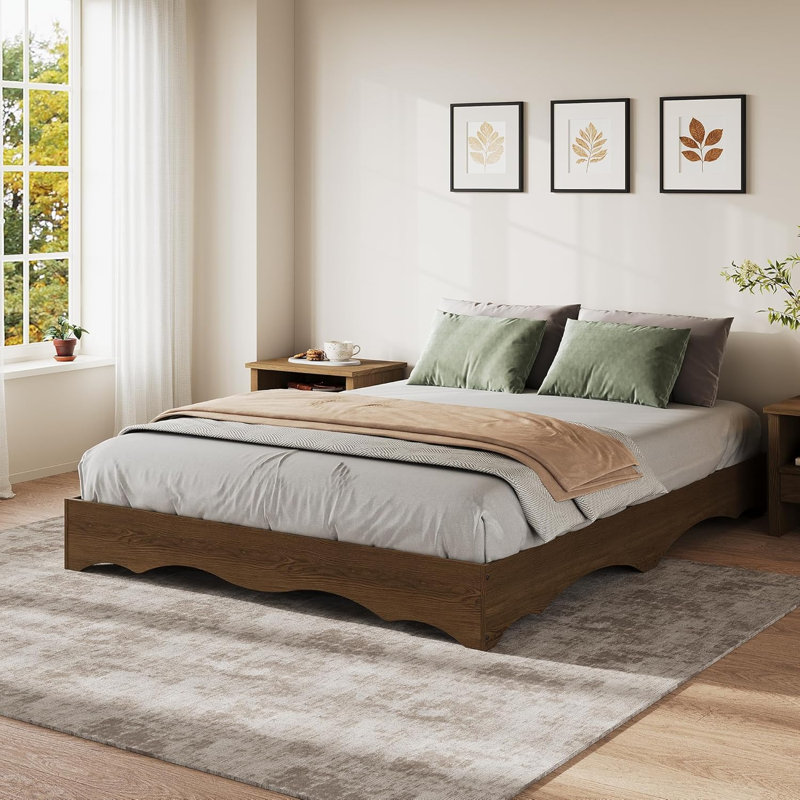 Base de lit plateforme en bois Minimalist Wavy Edge, Queen, Brown