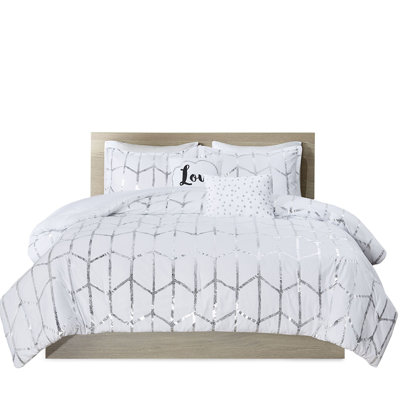 Lit simple / simple imprimé TG - édredon géométrique argenté sur blanc, 2 taies décoratives, coussins décoratifs, édredon facile d'entretien, blanc doux, microfibre douce, fer à vapeur