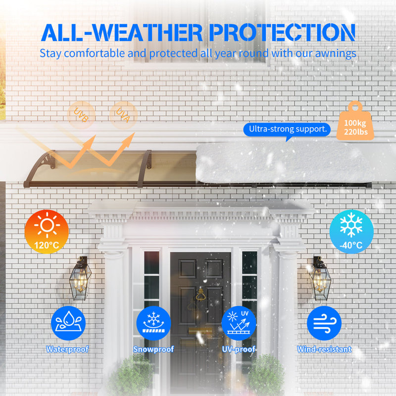 Solid Polycarbonate Sheet Window Awning Door Canopy  Panel with Large Drainage Grooves Bracket Outdoor Patio Shelter, Brown