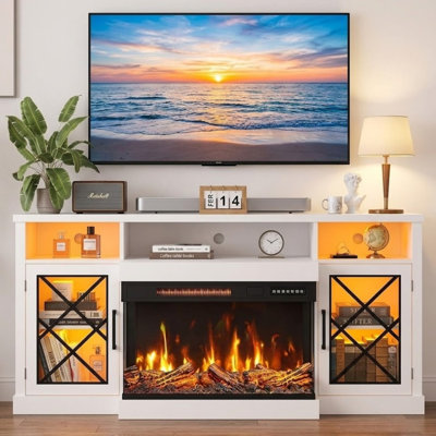 Meuble télé 65 po avec foyer électrique pour téléviseur de 70 po ou moins, meuble télé avec foyer électrique en verre à 3 côtés de 30 po, lumières DEL RVB et prise de courant