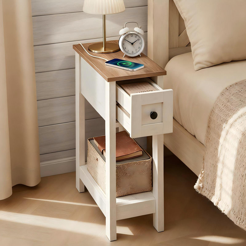End Table With Power Outlet, Superfast Toolless Assembly, Honey Brown/Rustic White