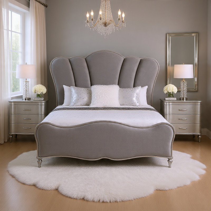 Ensemble de chambre pour grand lit, argent, bois chromé, ensemble de 3 pièces avec 2 tables de chevet, Chrome/Silver