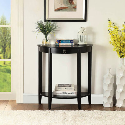 Console noire séduisante en forme de demi-lune avec un design de rangement pratique pour répondre à tous vos besoins à la maison.