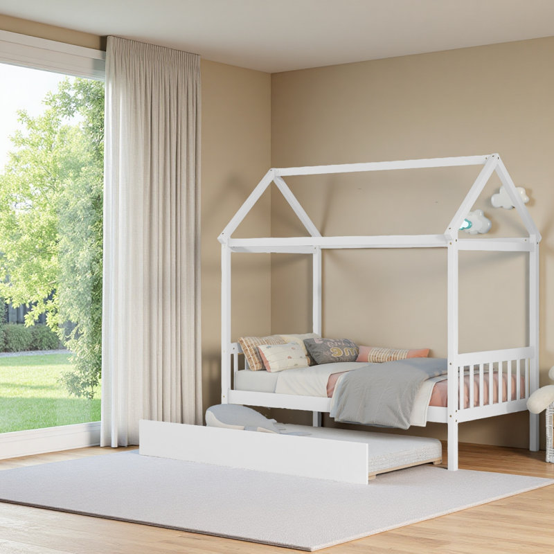 Structure de lit en bois massif avec lit gigogne, aucun sommier nécessaire, Blanc