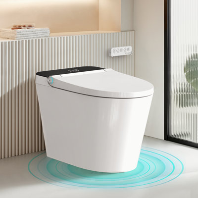 Toilette intelligente avec bidet intégré Bazyths, couvercle à ouverture automatique, réservoir interne, siège chauffant, capteur de pied, lavage arrière et féminin, eau chaude, séchoir à air, autonettoyant, conception allongée une pièce, entrée brute de 12 po