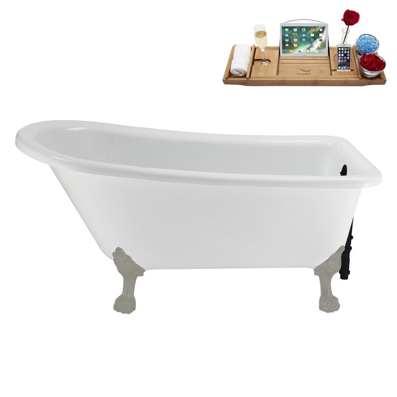 58" Streamlin Clawfoot Tub,Tray,Drain, Clawfeet, Brushed Gun Metal, Matte Black