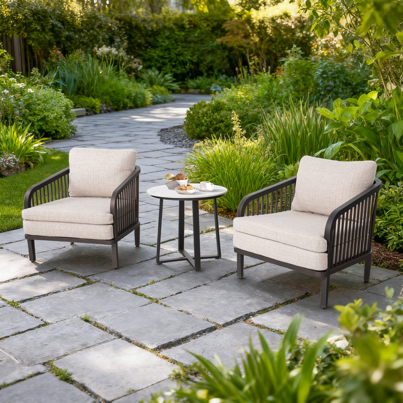 Asheville Patio Aluminum 2 Person Conversation Set With Cushions And Sintered Stone Side Table