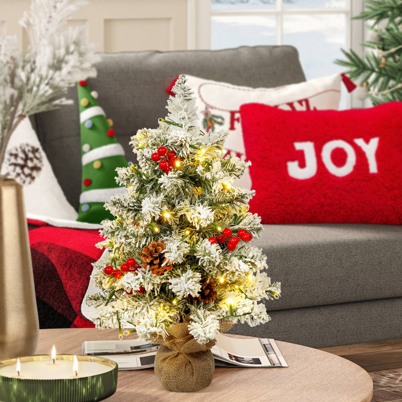 22 Inch Artificial White Tabletop Christmas Tree with Pine Cone Red Fruit Branch Tips and LED String Lights
