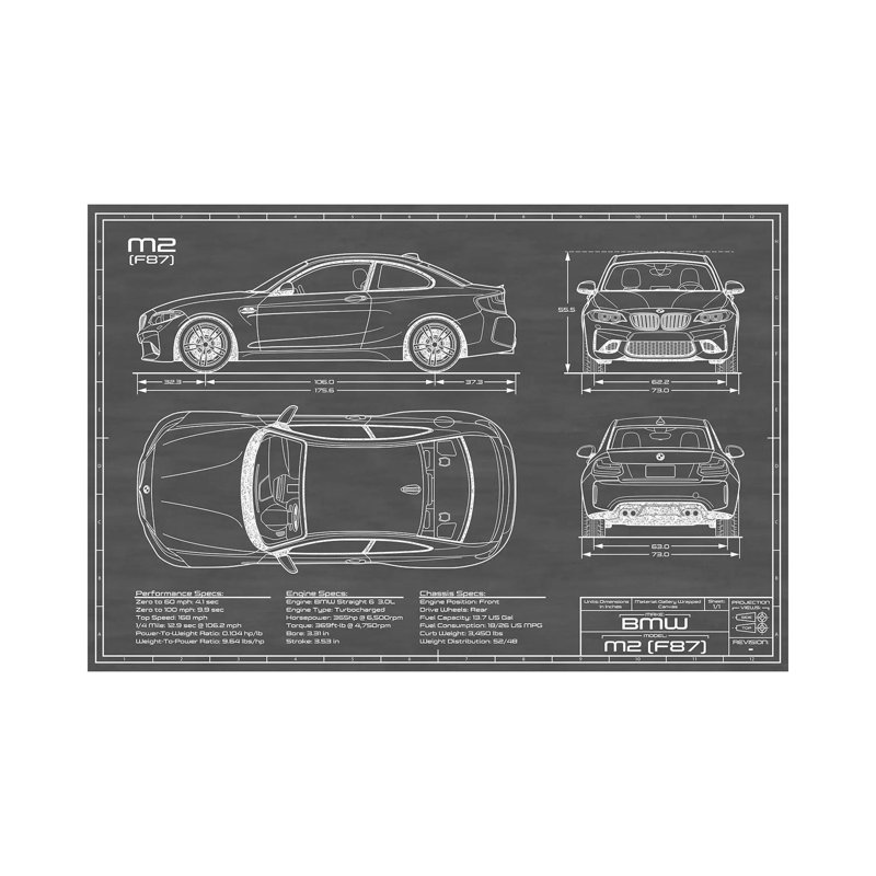 BMW M2 (F87) Black by Action Blueprints - Wrapped Canvas Print, 20.32 cm H x 30.48 cm W