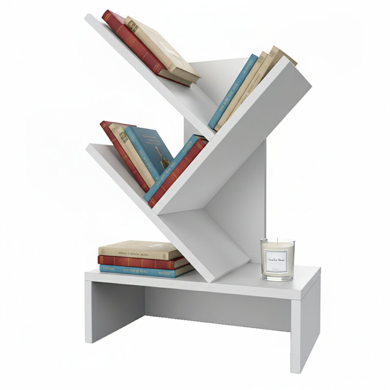 Modern Tree Bookshelf Standing Desktop Display Storage Bookshelves with Drawer, White