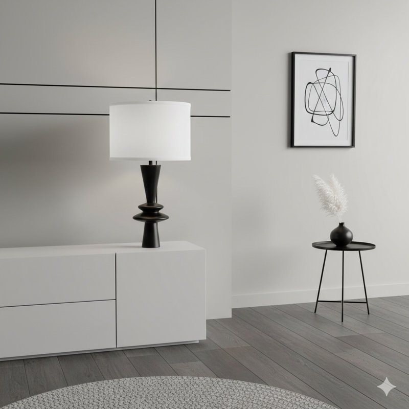 Lampe de table noire en aluminium D15 x 26,7 po avec deux accents ronds variés et abat-jour tambour blanc (assemblage de l'abat-jour requis)