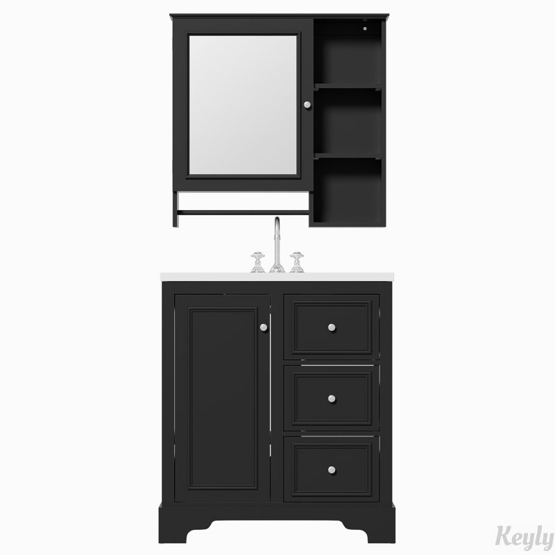 Meuble-lavabo avec lavabo et armoire de toilette, Noir, Argent