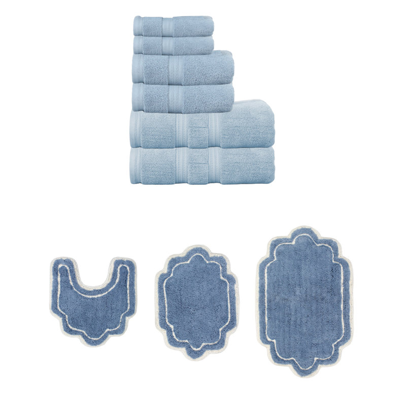 Talbert Collection 100% Soft Cotton 6 Pc Towel Set & 3 Pc Bath Rug Set, (Set of 9), Blue