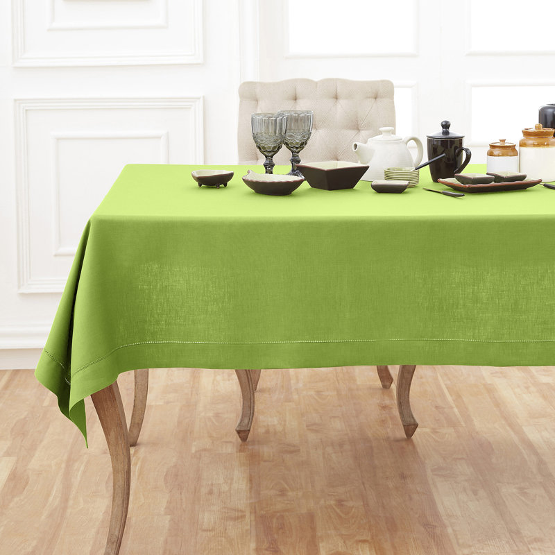 100% Pure Linen Hemstitch Table Throw - Classic Hemstitch, Lime Green