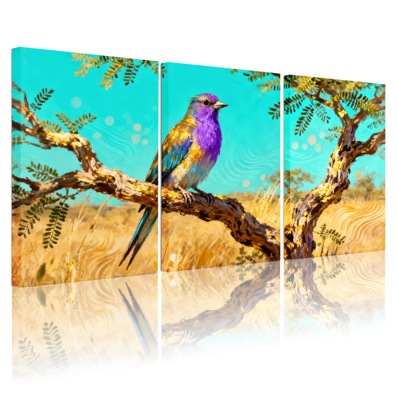 Oiseaux oiseaux colorés sur une branche avec reflet, ensemble de 3 impressions sur toile, H 36 po x l 72 po