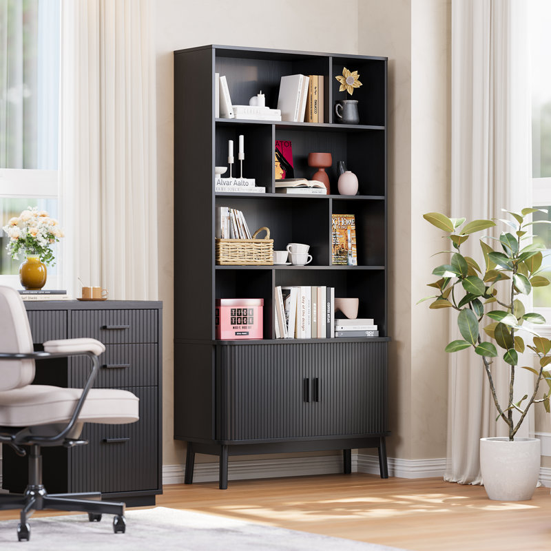 71" Tall Bookshelf With Storage Cabinet, Mid-Century Home Office Freestanding Bookcase With Tambour Sliding Door & Sturdy Solid Wood Legs