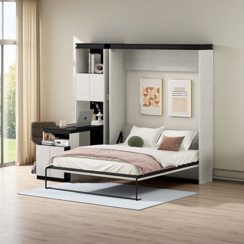 Lit escamotable double avec bureau, tablettes et armoires de rangement