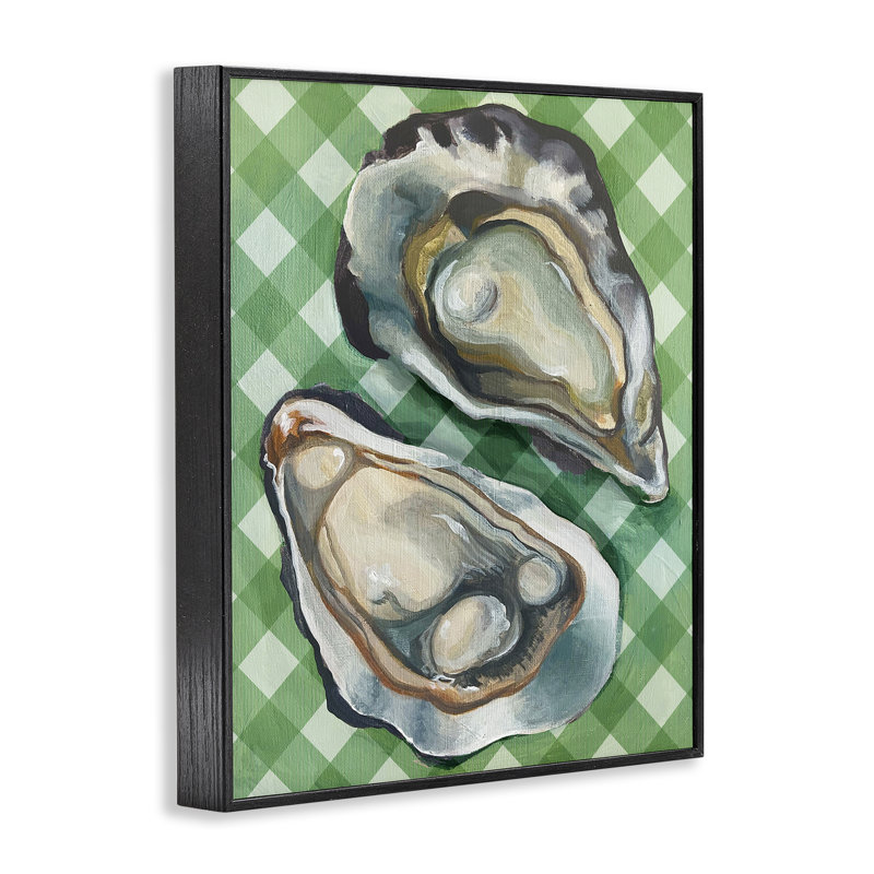  Oysters on Green Plaid Black Framed Giclee Art by Daphne Polselli, H 30 po x l 24 po, Giclée encadrée noir minuit