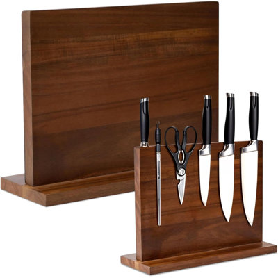 Porte-couteaux en bois magnétique, support à deux côtés avec aimants améliorés pour un rangement multifonctionnel des couteaux de cuisine, élégant, durable et solide