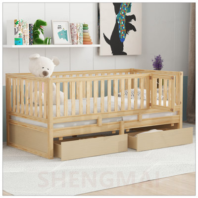 Lit de jour simple en bois avec garde-corps de clôture et 2 tiroirs, divisé en lits de plancher indépendants pour une utilisation polyvalente
