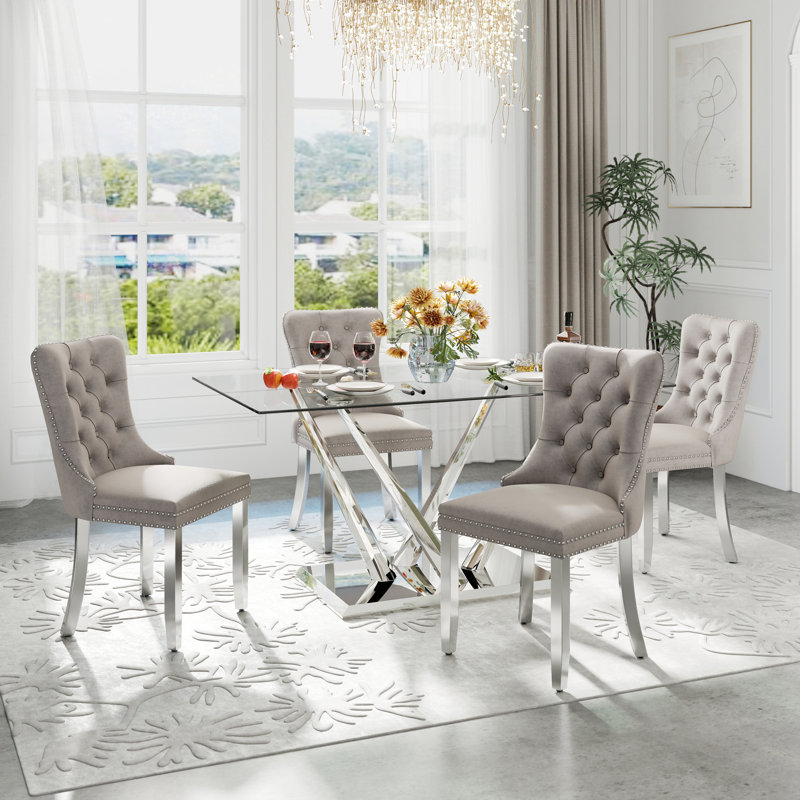 Modern Rectangle Tempered Glass Pedestal Dining Set with Velvet Tufted Dininig Chair, 5, Gray, Silver