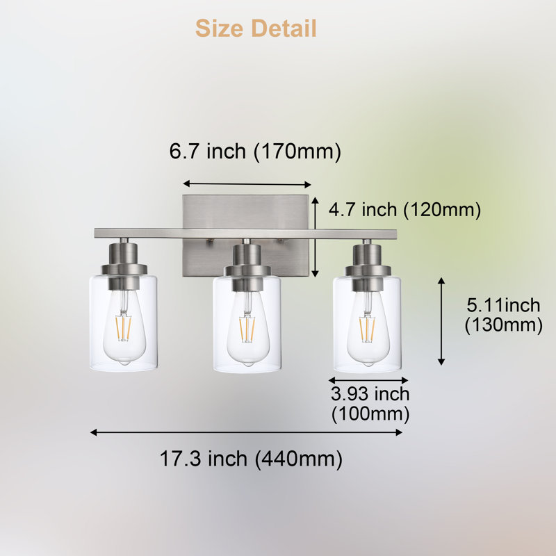 3-Light Brushed Nickel Bathroom Vanity Light, Modern Vanity Lighting Fixture For Bathroom, Matte Light Fixture, Wall Sconces With Clear Glass Shade, Black Bathroom Wall Light Over Mirror