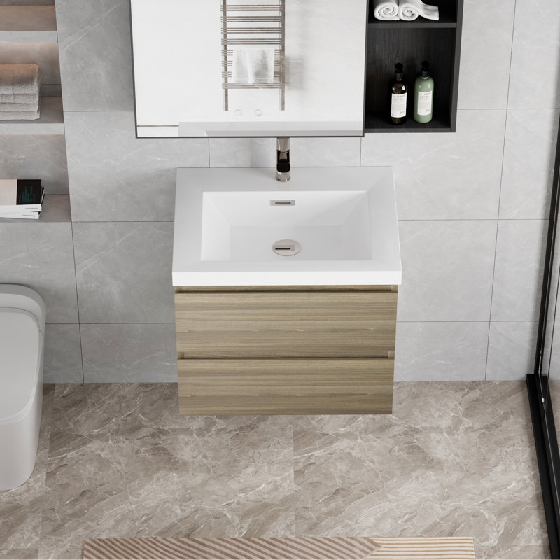 Meuble-lavabo flottant avec lavabo, meuble-lavabo mural moderne avec lavabo en résine et tiroirs à fermeture en douceur, Gris