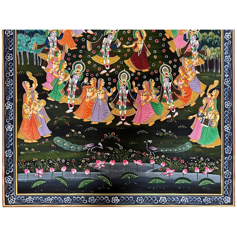 Lord Krishna dansant avec des villageois | Art Pichwai | Aquarelle sur coton