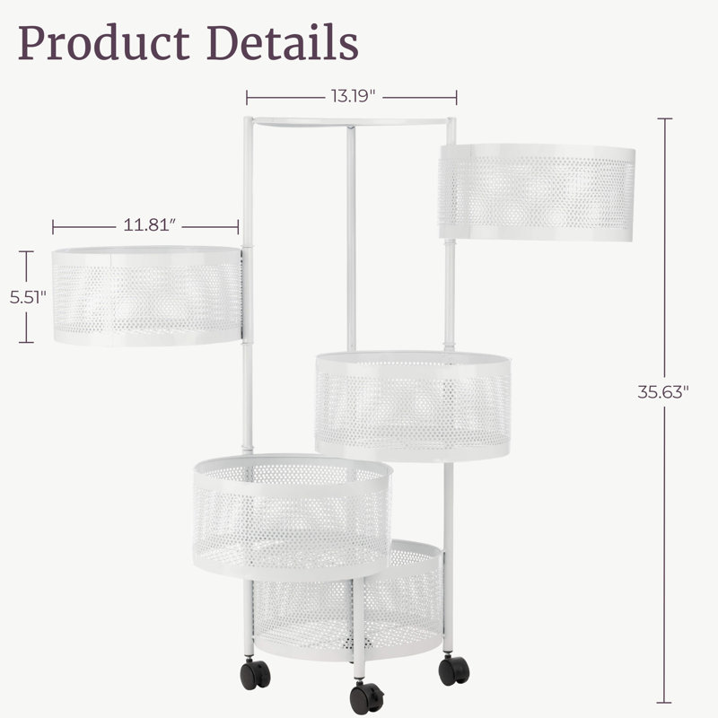 Chariot roulant de rangement pour la cuisine avec roulettes - Paniers à fruits et légumes rotatifs à 5 niveaux pour l'organisation et le rangement de la cuisine - Chariot en métal pour garde-manger, salle de bain ou salle d'artisanat par (Blanc)