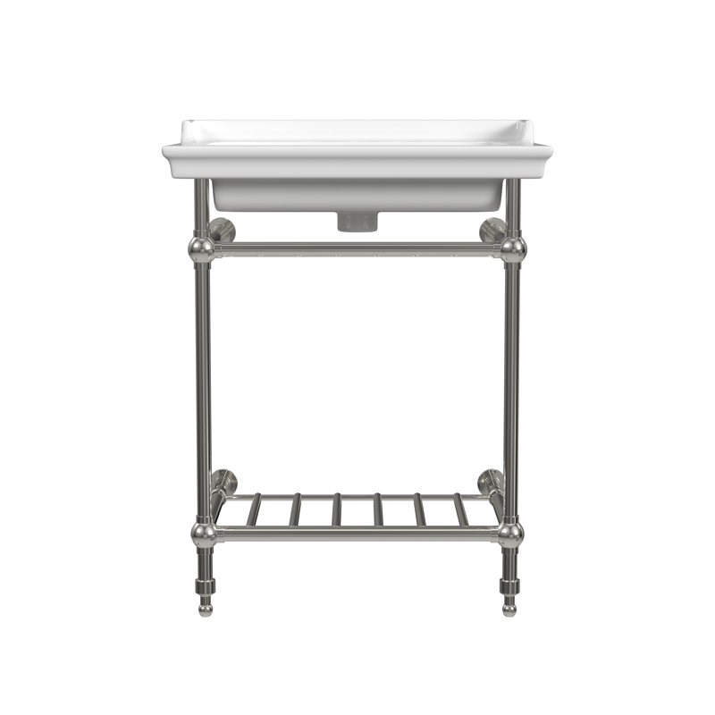 Gloss White Fireclay Rectangular Console Bathroom Sink with Overflow, 8" Centers, Chrome
