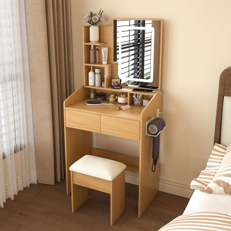 Vanity Table With Led-Illuminated Mirror, Power Outlet, Hairdryer Holder & Stool – Compact Dressing Desk For Small Bedrooms