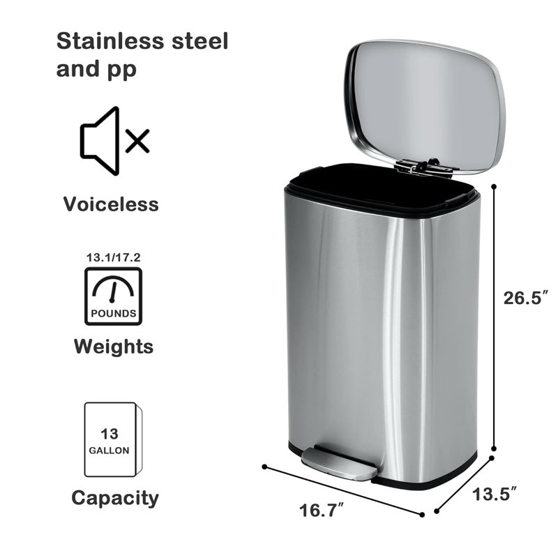Silver Stainless Steel 13 Gallon Pedal Trash Can with Removable Lid