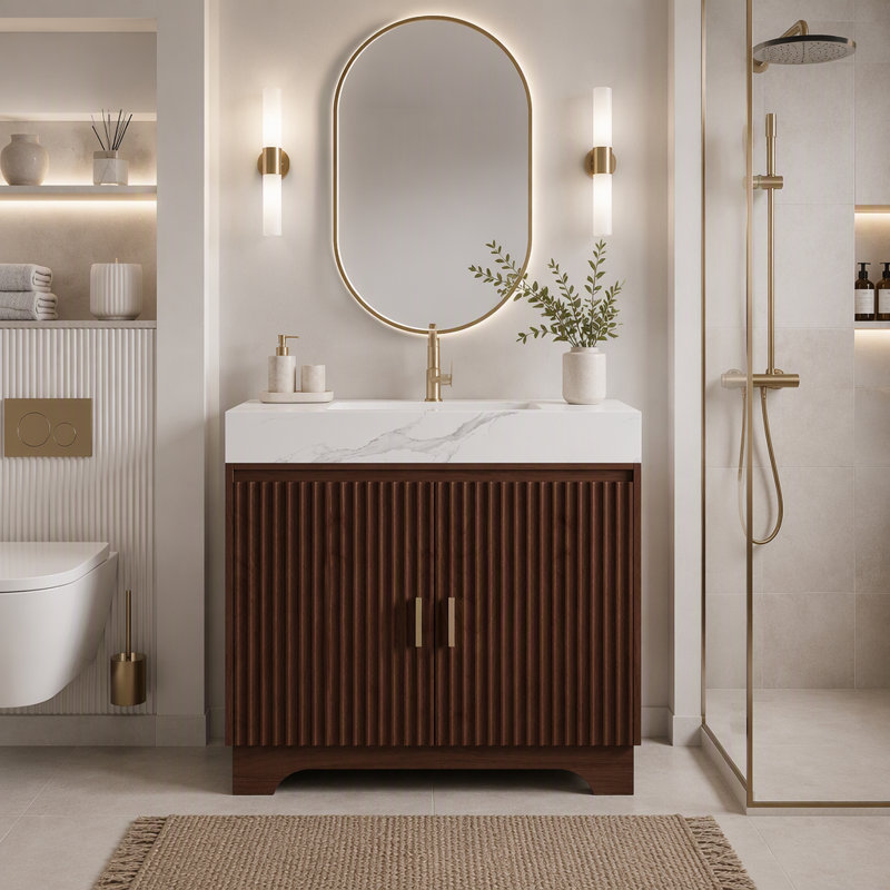 Freestanding Standard Free Standing Single Double Single Vanity Bathroom Vanity With Stone Top, White/Black