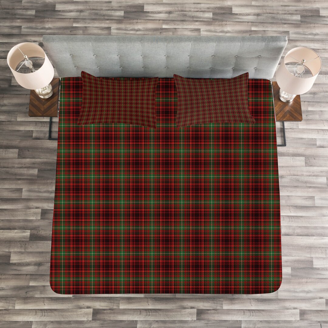 Gestepptes Bettdecken-Set, Scottish Stil Illustration, Plaid, Vermilion Grün Schwarz