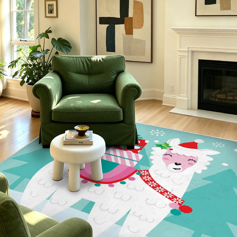 Tapis d'intérieur transparent, lavable à la machine, motif lama et alpaga de Noël., Rectangle 55 po x 79 po
