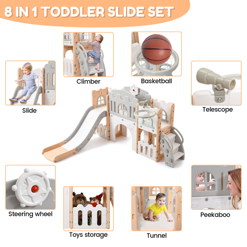 8 in 1 Toddler Slide Playset, Indoor Playground for Kids 1-3 with Slide, Climber, Tunnel & Basketball Hoop, Toddler Jungle Gym Indoor Outdoor Playset with Toys Storage & Telescope