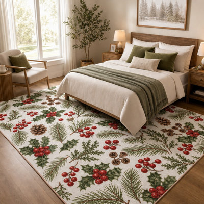 1Pcs Tapis de Noël avec imprimé houx et baies de pin - Décoration festive pour l'hiver, tapis intérieur, lavable antidérapant pour le salon, la chambre à coucher, la cuisine et le couloir pour la maison