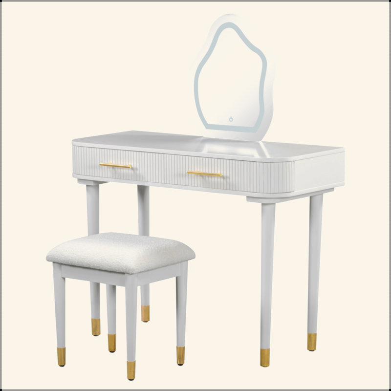 40" Modern Vanity Table Set With Mirror Touch Screen Lighted Mirror, Dressing Table And Cushioned Stool Set With 2 Large Drawers