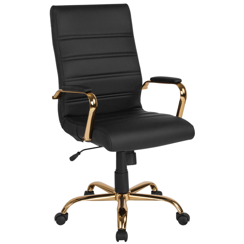 Chaise de bureau ergonomique pivotante à haut dossier - Basics by Wayfair ™, Similicuir noir, Doré